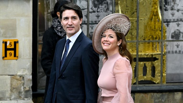 Canadian Prime minister Justin Trudeau and wife Sophie Trudeau arrive to attend Britain&#39;s King Charles III and Camilla, the Queen Consort, coronation ceremony at Westminster Abbey, London, Saturday, May 6, 2023. (Toby Melville, Pool via AP)