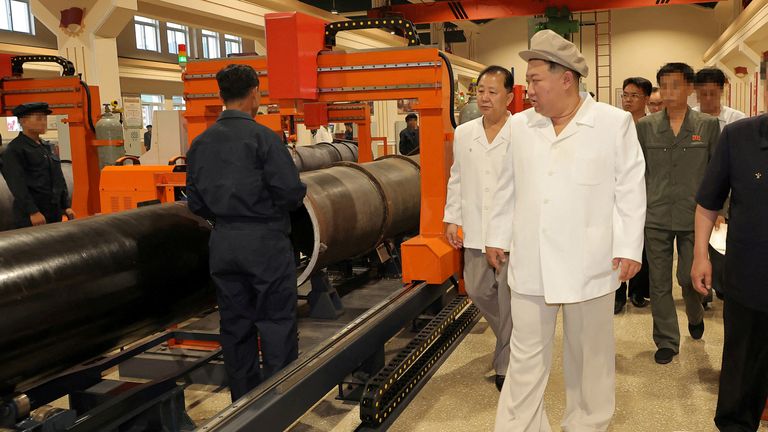North Korean leader Kim Jong Un gives field guidance at a major weapon factory in this image released by North Korea&#39;s Korean Central News Agency on August 6, 2023. KCNA via REUTERS ATTENTION EDITORS - THIS IMAGE WAS PROVIDED BY A THIRD PARTY. REUTERS IS UNABLE TO INDEPENDENTLY VERIFY THIS IMAGE. NO THIRD PARTY SALES. SOUTH KOREA OUT. NO COMMERCIAL OR EDITORIAL SALES IN SOUTH KOREA. FACES BLURRED AT SOURCE.