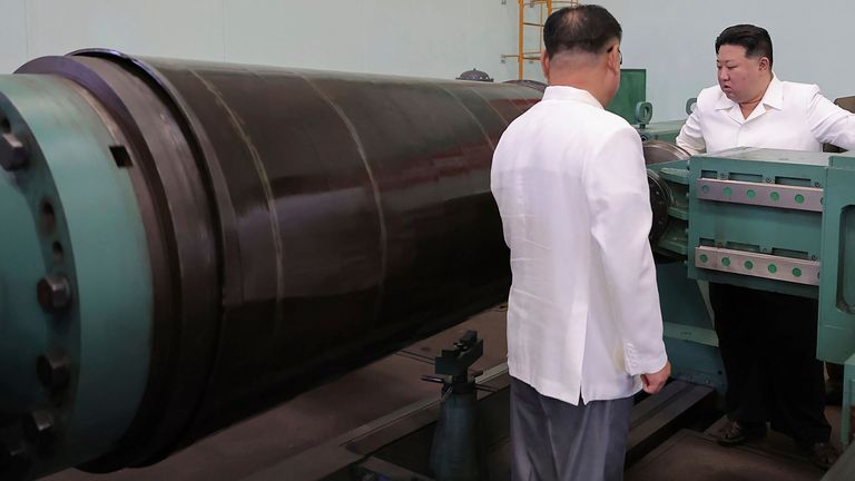 Kim Jong Un visits a military factory during his in North Korea
Pic:Korean Central News Agency/AP