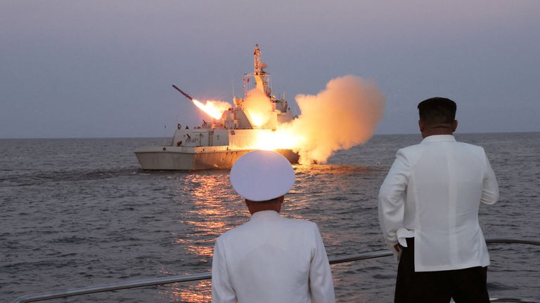 North Korean leader Kim Jong Un oversees a strategic cruise missile test aboard a navy warship in this undated photo released by North Korea&#39;s Korean Central News Agency (KCNA) on August 21, 2023