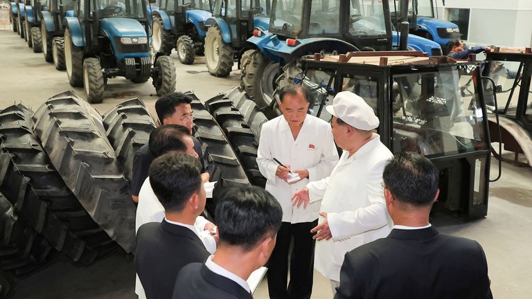 North Korean leader Kim Jong Un inspects the Kumsong Tractor Factory in North Korea August 23, 2023 in this photo released by North Korea&#39;s Korean Central News Agency (KCNA). KCNA via REUTERS ATTENTION EDITORS - THIS IMAGE WAS PROVIDED BY A THIRD PARTY. REUTERS IS UNABLE TO INDEPENDENTLY VERIFY THIS IMAGE. NO THIRD PARTY SALES. SOUTH KOREA OUT. NO COMMERCIAL OR EDITORIAL SALES IN SOUTH KOREA.
