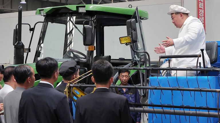 North Korean leader Kim Jong Un inspects the Kumsong Tractor Factory in North Korea August 23, 2023 in this photo released by North Korea&#39;s Korean Central News Agency (KCNA). KCNA via REUTERS ATTENTION EDITORS - THIS IMAGE WAS PROVIDED BY A THIRD PARTY. REUTERS IS UNABLE TO INDEPENDENTLY VERIFY THIS IMAGE. NO THIRD PARTY SALES. SOUTH KOREA OUT. NO COMMERCIAL OR EDITORIAL SALES IN SOUTH KOREA.
