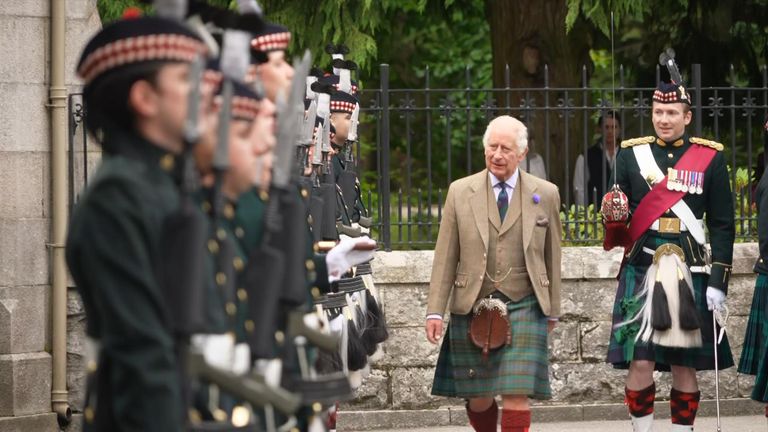 The King has been officially welcomed to Balmoral by a guard of honour featuring a Shetland pony for the first time since he came to the throne.