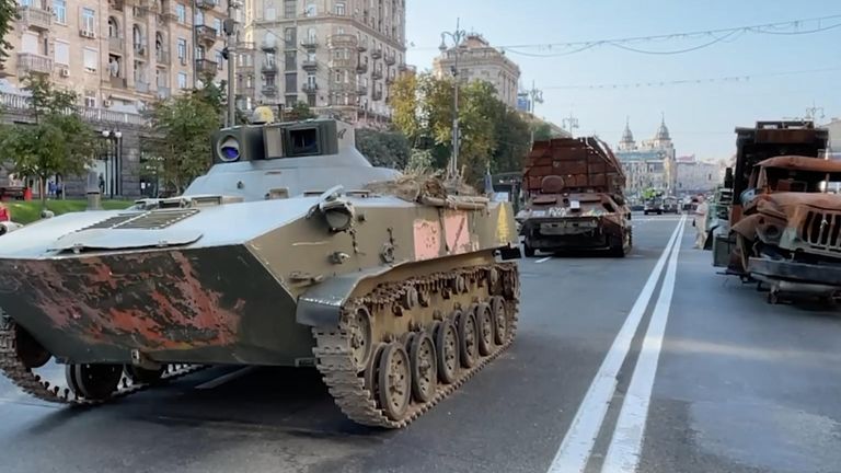 Destroyed Russian military vehicles were placed on Kyiv’s main street 