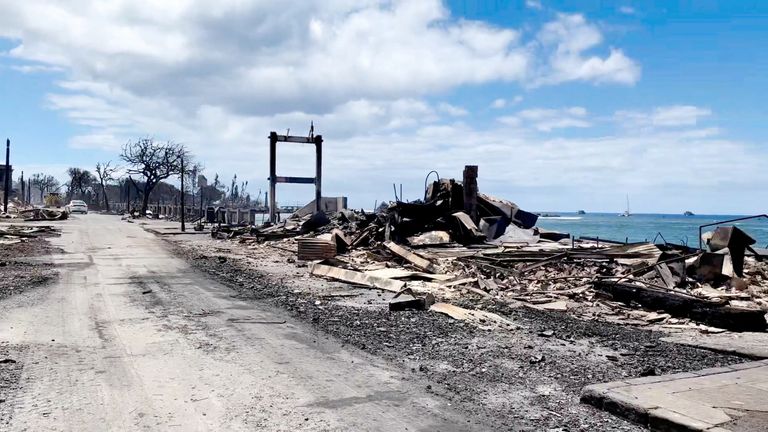 A view of damage cause by wildfires in Lahaina, Maui, Hawaii, U.S. August 10, 2023, in this screen grab obtained from a social media video. Senator Brian Schatz via Instagram/via REUTERS  THIS IMAGE HAS BEEN SUPPLIED BY A THIRD PARTY. MANDATORY CREDIT. NO RESALES. NO ARCHIVES.