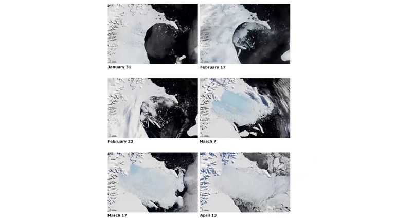 Images from 2002 show ponds forming on the surface of the Larsen B ice shelf followed by its rapid collapse 