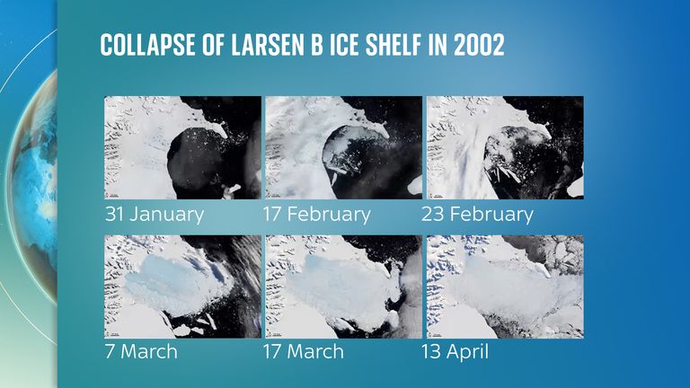Images from 2002 show ponds forming on the surface of the Larsen B ice shelf followed by its rapid collapse