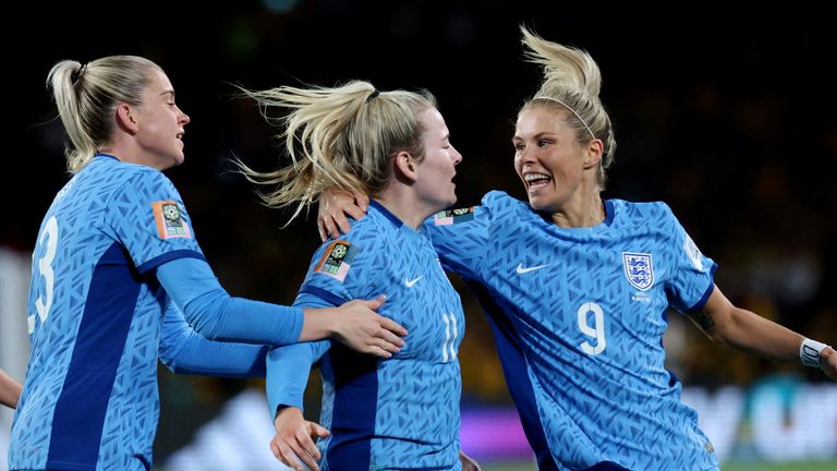 England&#39;s Lauren Hemp celebrates scoring their second goal against Australia in their semi-final