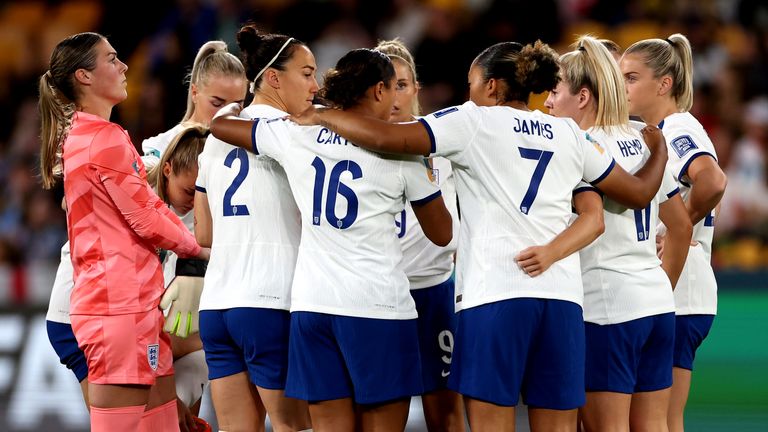 England players during a huddle before the FIFA Women&#39;s World Cup, Round of 16 match at Brisbane Stadium, Australia. Picture date: Monday August 7, 2023.