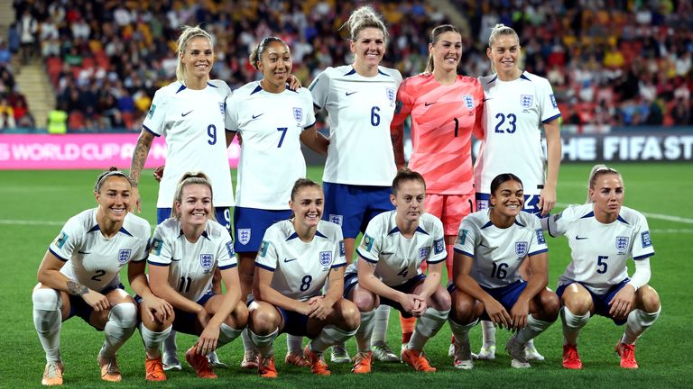 England&#39;s Rachel Daly, Lauren James, Millie Bright, goalkeeper Mary Earps, Alessia Russo, Lucy Bronze, Lauren Hemp, Georgia Stanway, Keira Walsh, Jess Carter and Alex Greenwood (left to right, back to front) line up before the FIFA Women&#39;s World Cup, Round of 16 match at Brisbane Stadium, Australia. Picture date: Monday August 7, 2023.