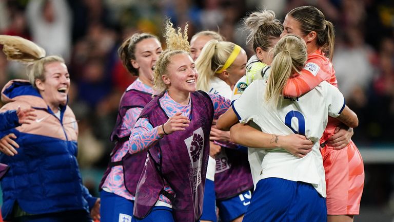 England player s celebrate winning the penalty shootout during the FIFA Women&#39;s World Cup, Round of 16 match at Brisbane Stadium, Australia. Picture date: Monday August 7, 2023.
