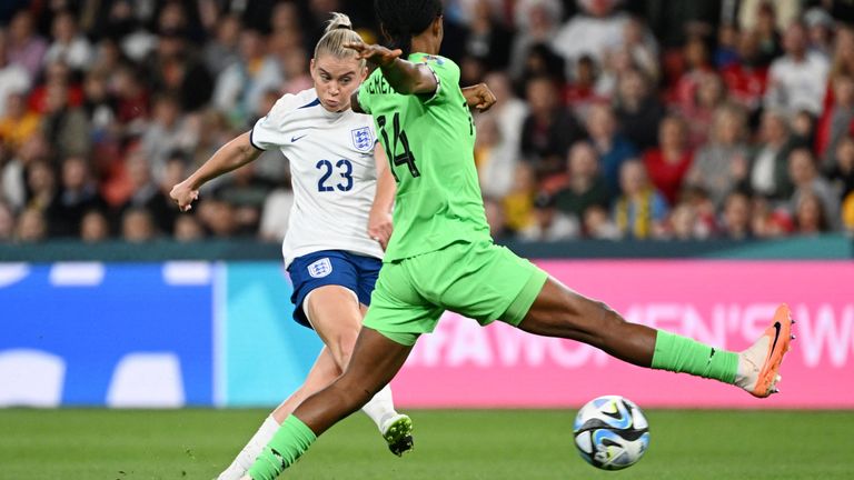 England&#39;s Alessia Russo in action with Nigeria&#39;s Oluwatosin Demehin