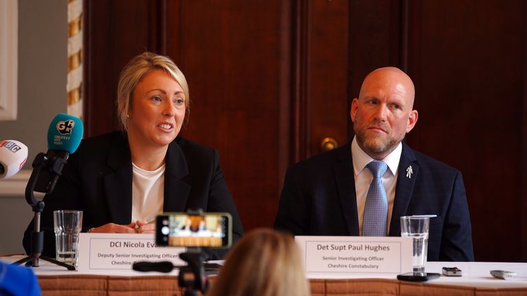 Previously unissued photo dated 30/06/2023 of Deputy Senior Investigating Officer, Detective Chief Inspector Nicola Evans, and Senior Investigating Officer, Detective Superintendent Paul Hughes, speak to the media during a press conference at Manchester Hall, ahead of the verdict in the case of nurse Lucy Letby, who is accused of the murder of seven babies and the attempted murder of another ten, between June 2015 and June 2016 while working on the neonatal unit of the Countess of Chester Hospital. Nurse Lucy Letby, 33, has been found guilty at Manchester Crown Court of the murders of seven babies and the attempted murders of six others at the Countess of Chester Hospital. Issue date: Friday August 18, 2023. PA Photo. See PA story COURTS Letby. Photo credit should read: Peter Byrne/PA Wire