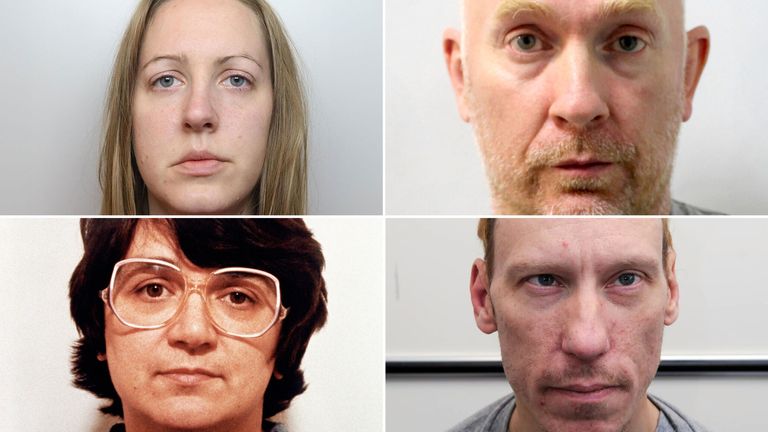 (clockwise) Lucy Letby, Wayne Couzens, Stephen Port and Rose West