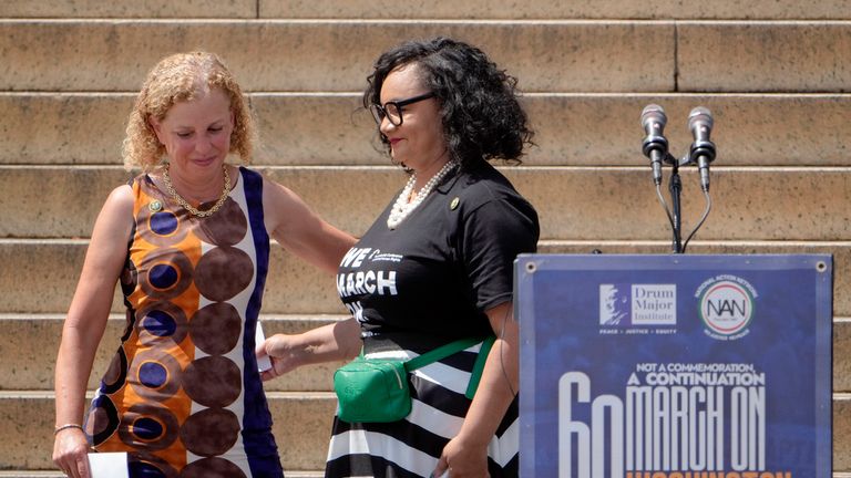 US House of Representatives Debbie Wasserman Schult (L) and Congresswoman Nikema Williams spoke at the event