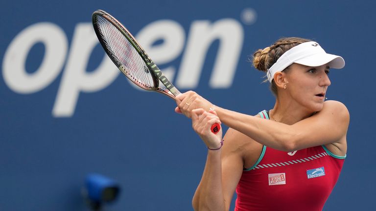 Rebeka Masarova, of Spain, returns a shot to Maria Sakkari, of Greece, during the first round of the U.S. Open tennis championships, Monday, Aug. 28, 2023, in New York. (AP Photo/Charles Krupa)