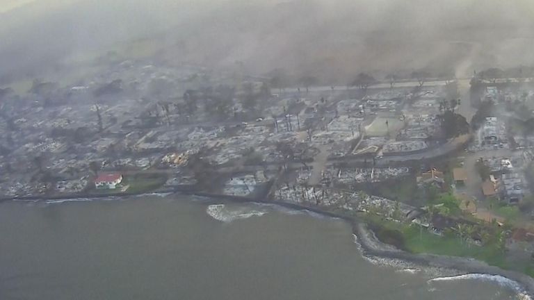 Aerial view of Maui shows the scale of the wildfires there