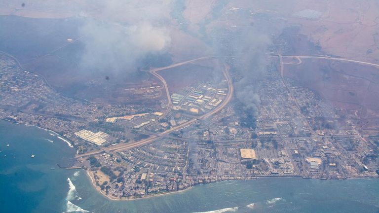 Aerial view shows smoke as wildfires ravage the island in Maui. Pic: County of Maui