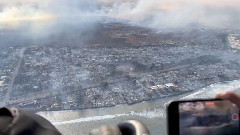 An aerial view shows damage along the coast of Lahaina in the aftermath of wildfires in Maui, Hawaii, U.S. August 9, 2023 this screen grab obtained from social media video. Richard Olsten/Air Maui Helicopters/via REUTERS THIS IMAGE HAS BEEN SUPPLIED BY A THIRD PARTY. MANDATORY CREDIT. NO RESALES. NO ARCHIVES.
