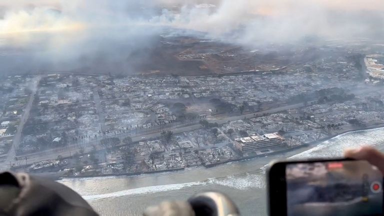 An aerial view shows damage along the coast of Lahaina in the aftermath of wildfires in Maui, Hawaii, U.S. August 9, 2023 this screen grab obtained from social media video. Richard Olsten/Air Maui Helicopters/via REUTERS THIS IMAGE HAS BEEN SUPPLIED BY A THIRD PARTY. MANDATORY CREDIT. NO RESALES. NO ARCHIVES.
