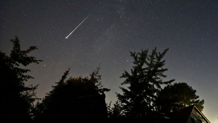 13 August 2023, Schleswig-Holstein, Neum&#39;nster: A Perseid meteor moves across the sky around 04:00 CEST in Neum&#39;nster (district Tungendorf). From 23 o&#39;clock the sky had cleared over large parts of Schleswig-Holstein and showed a magnificent starry sky. Photo by: Marco A. Ludwig/picture-alliance/dpa/AP Images


