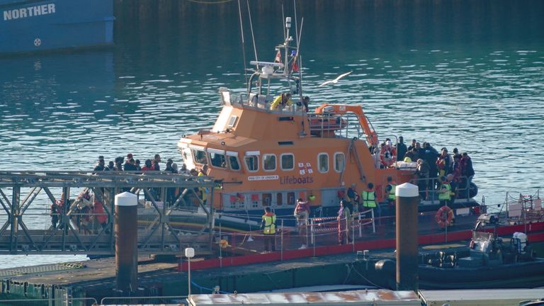 A group of people thought to be migrants are brought in to Dover, Kent, onboard the Ramsgate Lifeboat following a small boat incident in the Channel. Picture date: Thursday August 10, 2023