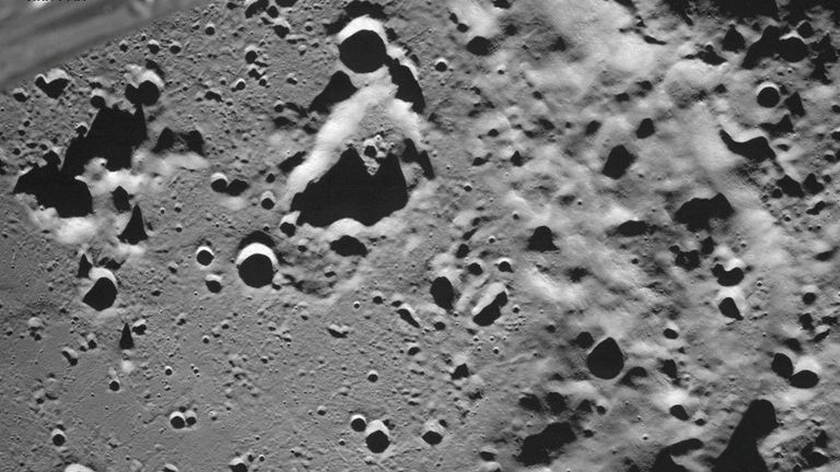 FILE PHOTO: A picture taken from the camera of the lunar landing spacecraft Luna-25 shows the Zeeman crater located on the far side of the moon, August 17, 2023. Roscosmos/Handout via REUTERS ATTENTION EDITORS - THIS IMAGE HAS BEEN SUPPLIED BY A THIRD PARTY. MANDATORY CREDIT./File Photo