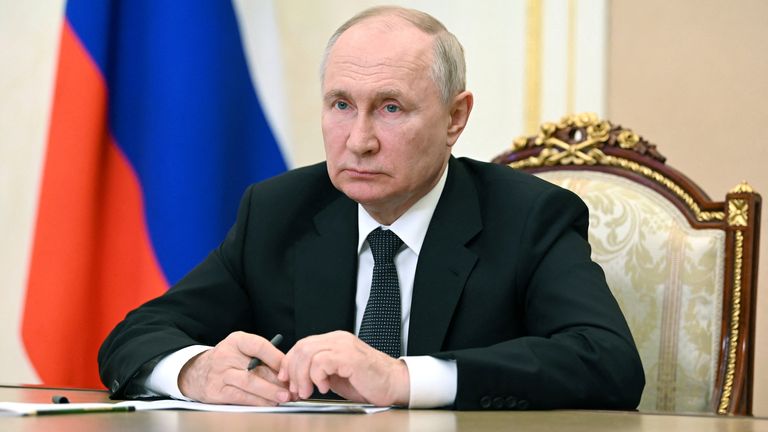 Russian President Vladimir Putin chairs a meeting with members of the government via a video link at the Kremlin in Moscow, Russia, August 2, 2023. Sputnik/Alexander Kazakov/Kremlin via REUTERS ATTENTION EDITORS - THIS IMAGE WAS PROVIDED BY A THIRD PARTY.
