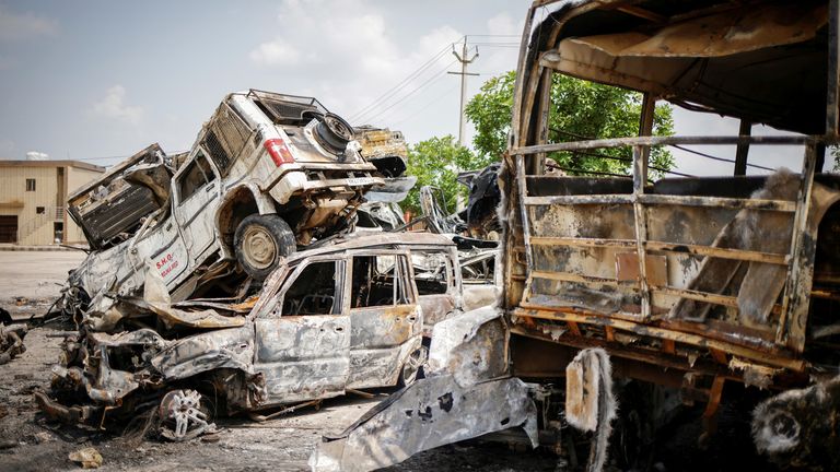 Burnt vehicles are pictured following clashes between Hindus and Muslims in Nuh district of the northern state of Haryana, India, August 1, 2023. REUTERS/Adnan Abidi