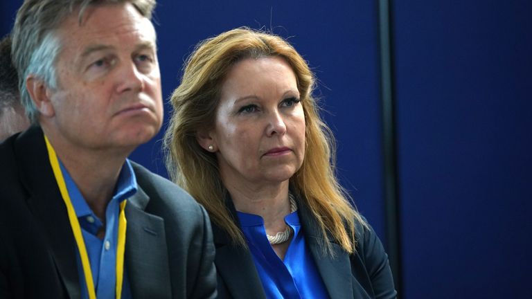 Natalie Elphicke, the MP for Dover, listens to Prime Minister Rishi Sunak speaking at Western Jet Foil in Dover