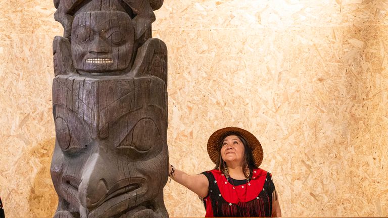 Pamela Brown of the Nisga’a Nation with the Ni’isjoohl Memorial Pole. Pic: Duncan McGlynn