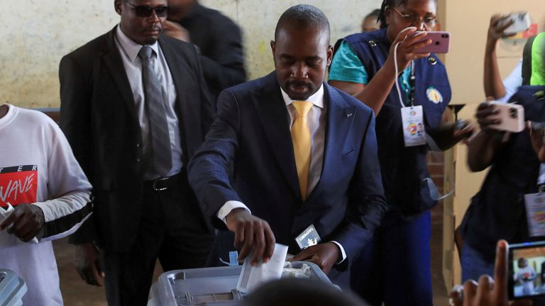 Opposition leader Nelson Chamisa casts his vote