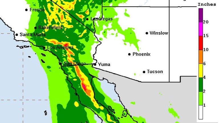 A National Hurricane Centre prediction of potential rainfall in California: Pic: NHC