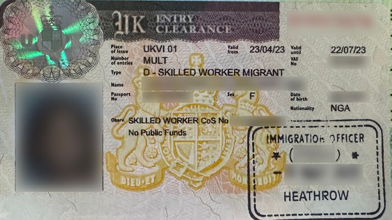 Blessing, not her real name, told us she arrived in the UK three months ago. She says she paid someone she calls an "agent" in Nigeria £10,000 to arrange a job as a carer in the UK. But when she got here she found there was no work for her. Lisa Holland VT on Skilled Worker Visas.