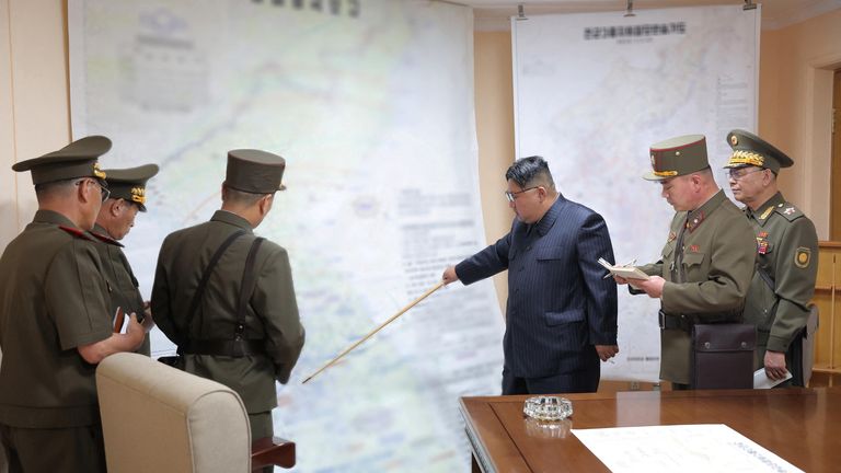North Korean leader Kim Jong Un visits the training centre of the General Staff Department of the Korean People's Army (KPA) in an undisclosed location in North Korea 
Pic:KCNA/Reuters