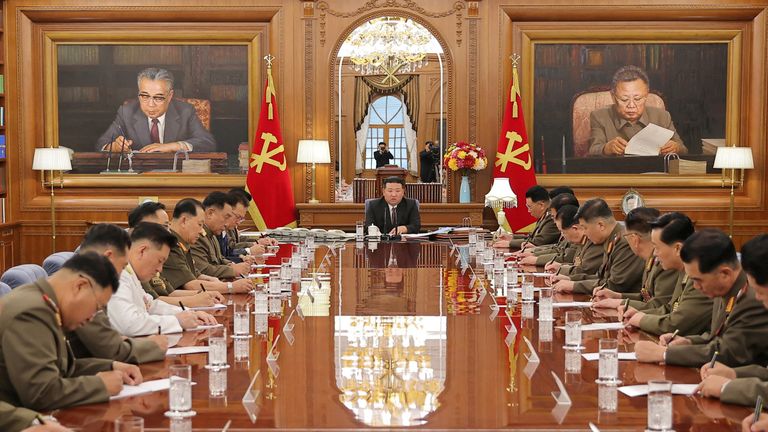 North Korean leader Kim Jong Un holds a meeting at the headquarters of the ruling Workers&#39; Party in Pyongyang. Pic: KCNA via Reuters