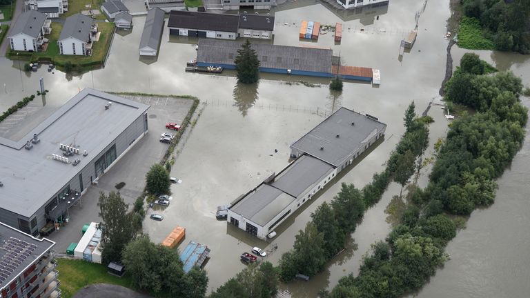 A view shows flooded centre of Hokksund following heavy rain and extreme weather Hans, in Hokksund, Norway  