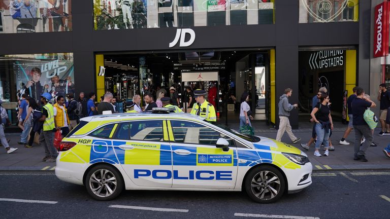 Police officers on Oxford Street, central London. The Metropolitan Police has said there will be a heightened police presence following online speculation about opportunities to commit crime around Oxford Street on Wednesday afternoon. Picture date: Wednesday August 9, 2023.