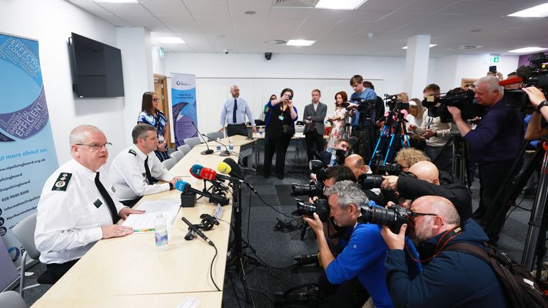 Police Service of Northern Ireland (PSNI) Chief Constable Simon Byrne (left) with Assistant Cheif Constable Chris Todd during a press conference  