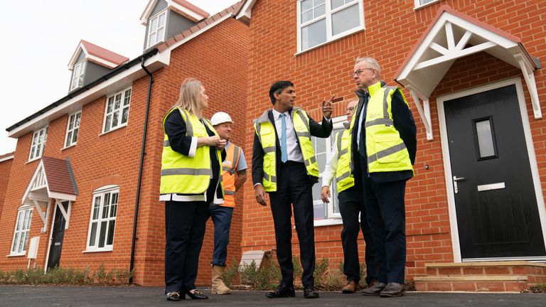 Prime Minister Rishi Sunak, Michael Gove, Minister for Levelling Up, Housing and Communities (right) and Jennie Daly (left), CEO of Taylor Wimpey during a visit to the Taylor Wimpey Heather Gardens housing development in Norwich, Norfolk. Picture date: Tuesday August 29, 2023.