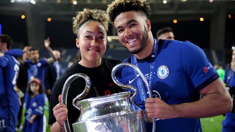 Chelsea&#39;s Reece James with his sister Lauren James following the the UEFA Champions League final match held at Estadio do Dragao in Porto, Portugal. Picture date: Saturday May 29, 2021.