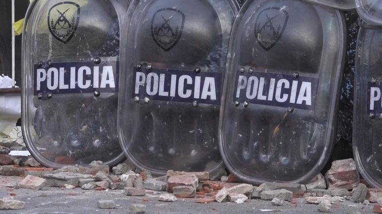 Roit police are pelted with bricks by an angry crowd in Buenos Aires