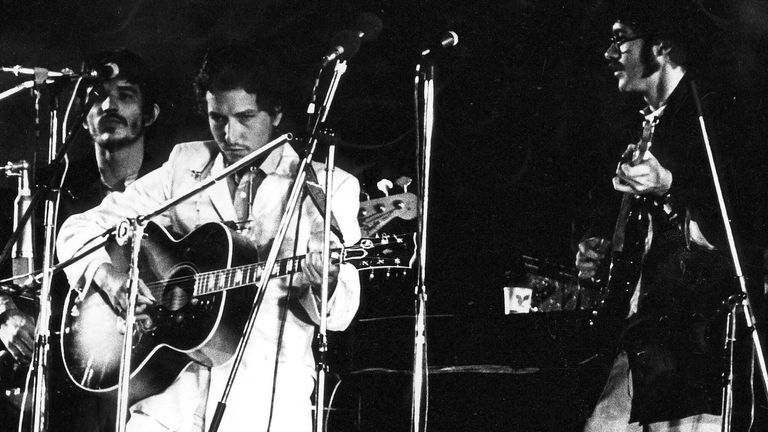Bob Dylan and Robbie Robertson performing at the Isle of Wight festival in 1970. Pic: Mike Walker/Shutterstock