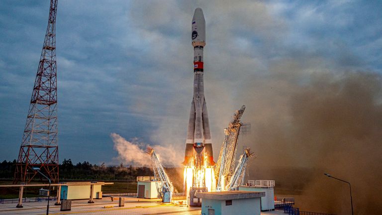 In this image made from video released by Roscosmos State Space Corporation, the Soyuz-2.1b rocket with the moon lander Luna-25 automatic station takes off from a launch pad at the Vostochny Cosmodrome in the Russian Far East on Friday, Aug. 11, 2023. The launch of the Luna-25 craft to the moon will be Russia&#39;s first since 1976 when it was part of the Soviet Union. The Russian lunar lander is expected to reach the moon on Aug. 23, about the same day as an Indian craft which was launched on July 14. (Roscosmos State Space Corporation via AP)