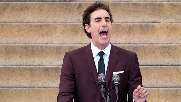 Sacha Baron Cohen speaks at the 60th Anniversary of the March on Washington at the Lincoln Memorial in Washington, Saturday, Aug. 26, 2023. (AP Photo/Andrew Harnik)