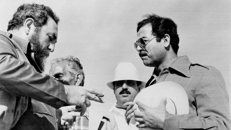 Saddam Hussein, right, with former Cuban leader Fidel Castro