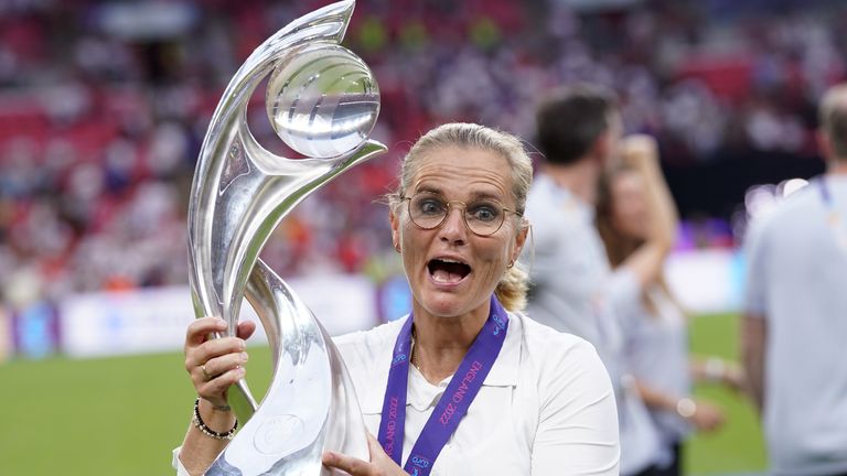 England head coach Sarina Wiegman celebrates with the trophy following during the UEFA Women&#39;s Euro 2022 final at Wembley Stadium, London. Picture date: Sunday July 31, 2022.