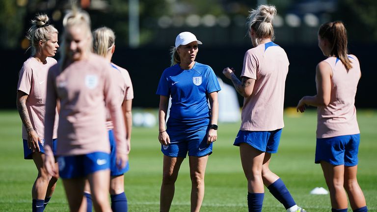 England head coach Sarina Wiegman speaks to players during a training session at Spencer Park in Brisbane, Australia. The Lioness&#39; will kick off their FIFA World Cup campaign against Haiti on Saturday July 22nd in Brisbane. Picture date: Friday July 21, 2023. PA Photo. See PA story WORLDCUP England. Photo credit should read: Zac Goodwin/PA Wire. ..RESTRICTIONS: Use subject to restrictions. Editorial use only, no commercial use without prior consent from rights holder.