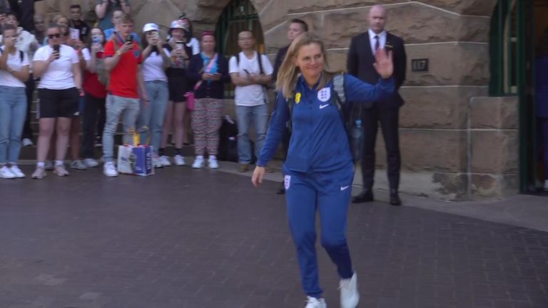 Sarina Wiegman boards the team coach outside the hotel as the Lionesses head to the airport to return to the UK after the Women&#39;s World Cup.