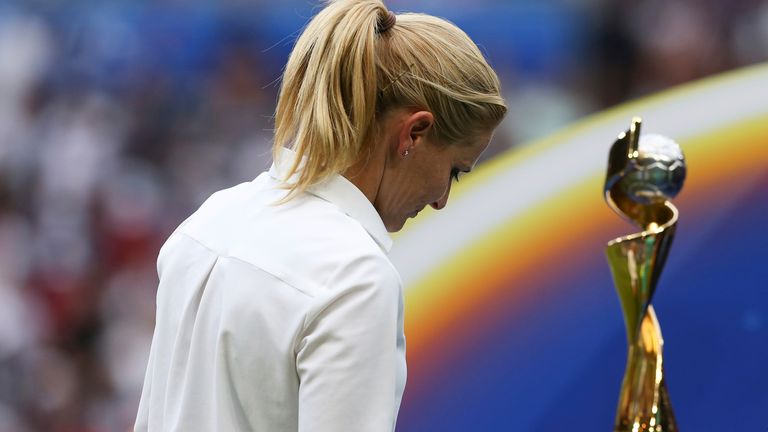 Sarina Wiegman manager of Holland passes in front of the trophy with her head bowed after the final whistle during the FIFA Women&#39;&#39;s World Cup match at Stade de Lyon, Lyon. Picture date: 7th July 2019
Pic:AP